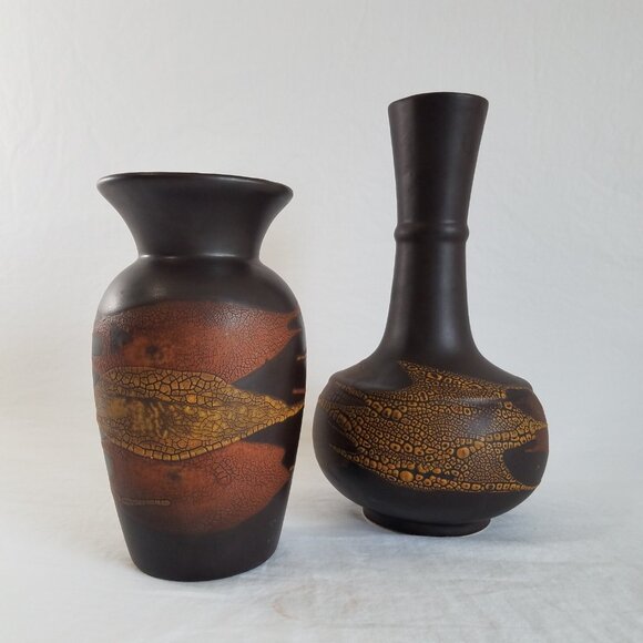 Royal Haeger Pottery Vase Set Brown Earth Wrap Volcanic Lava Orange Peel Glaze - Picture 1 of 15